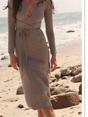 Free People Long Sleeve Midi Dress with Waist Tie, XS